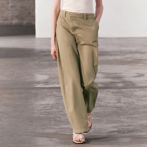 NWT ZARA WRAP CHINO PANTS ZW COLLECTION KHAKI GREEN XS - Picture 10 of 15